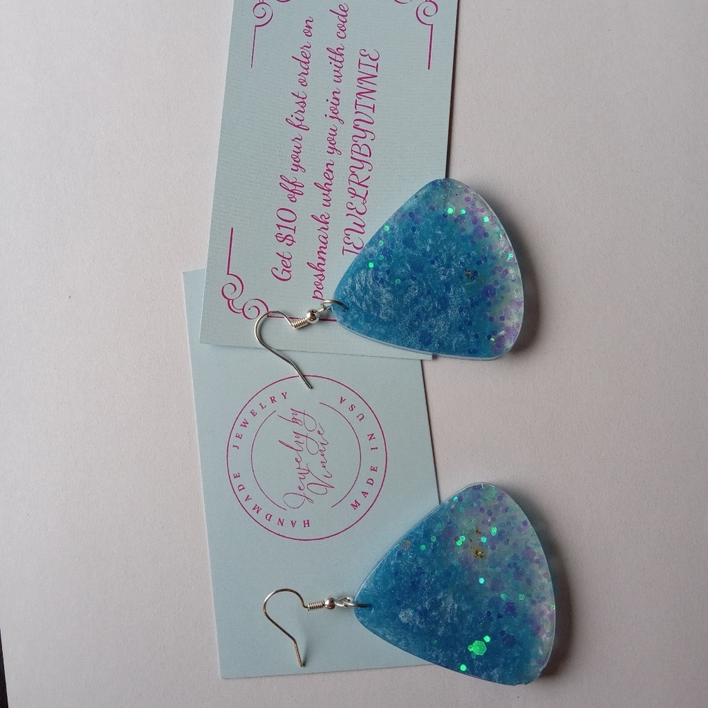 Hand Crafted Blue Glitter Earrings - Picture 2 of 5
